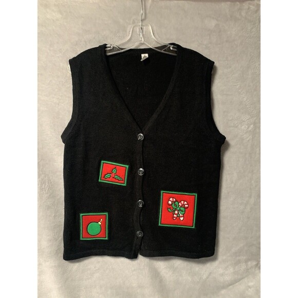 VINTAGE CHRISTMAS Sweater Vest Women's Large Holly Candy Cane Button Up Ornament - Picture 1 of 10